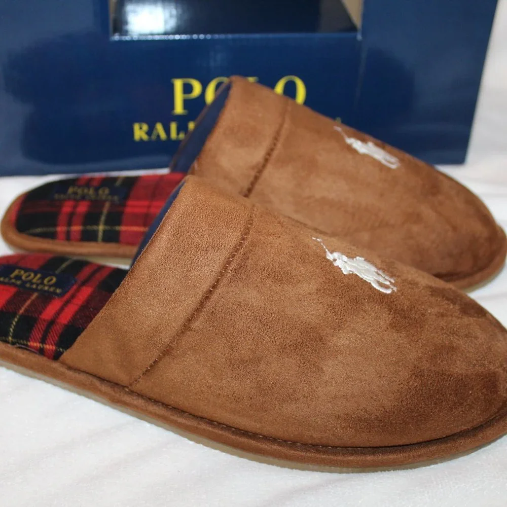 NIB POLO‎ RALPH LAUREN MENS SUEDE PLAID SLIP ON SLIPPERS CHESTNUT